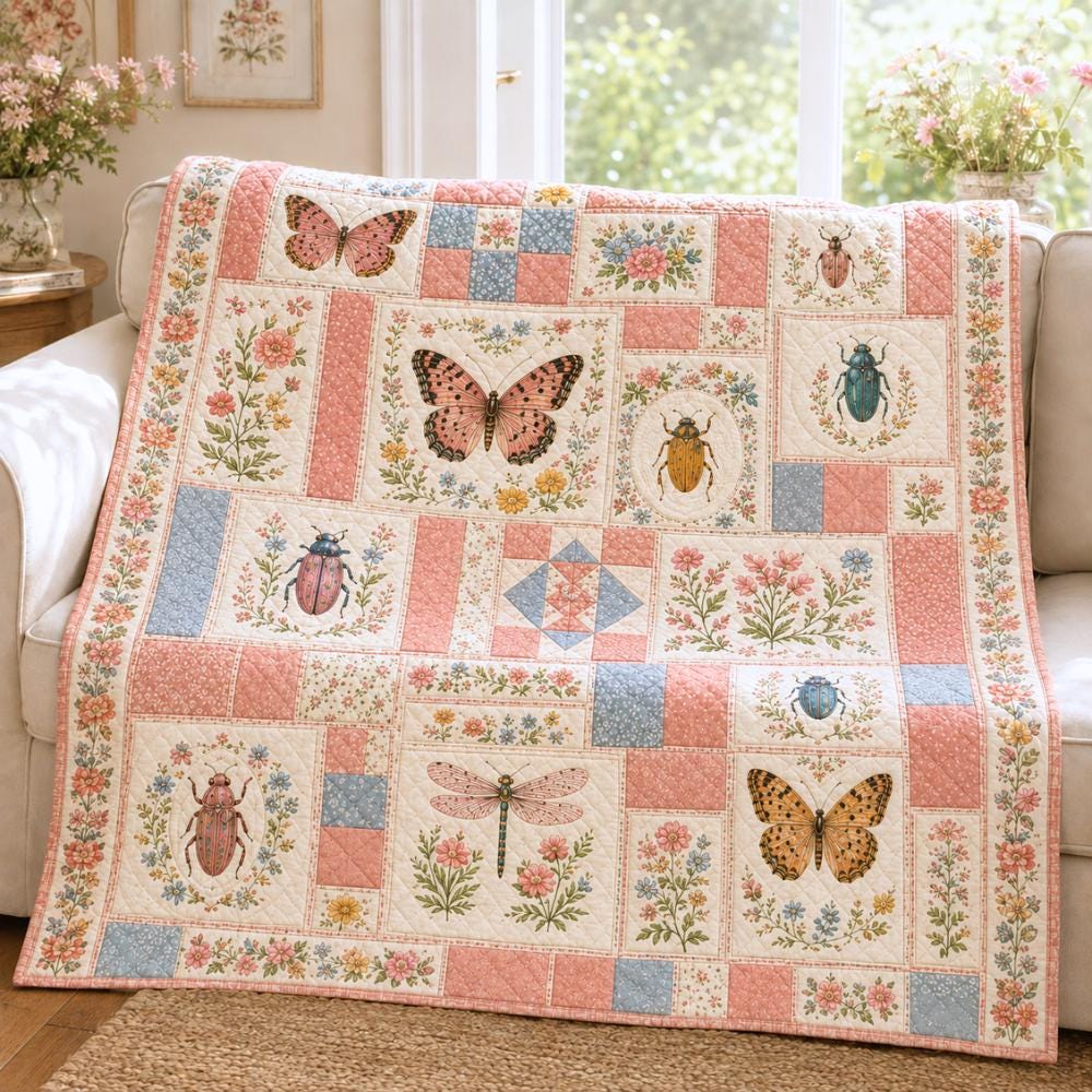 Botanical Insect Butterfly Beetle and Bug Quilted Style Blanket – Boho Patchwork Garden Throw - photo 2