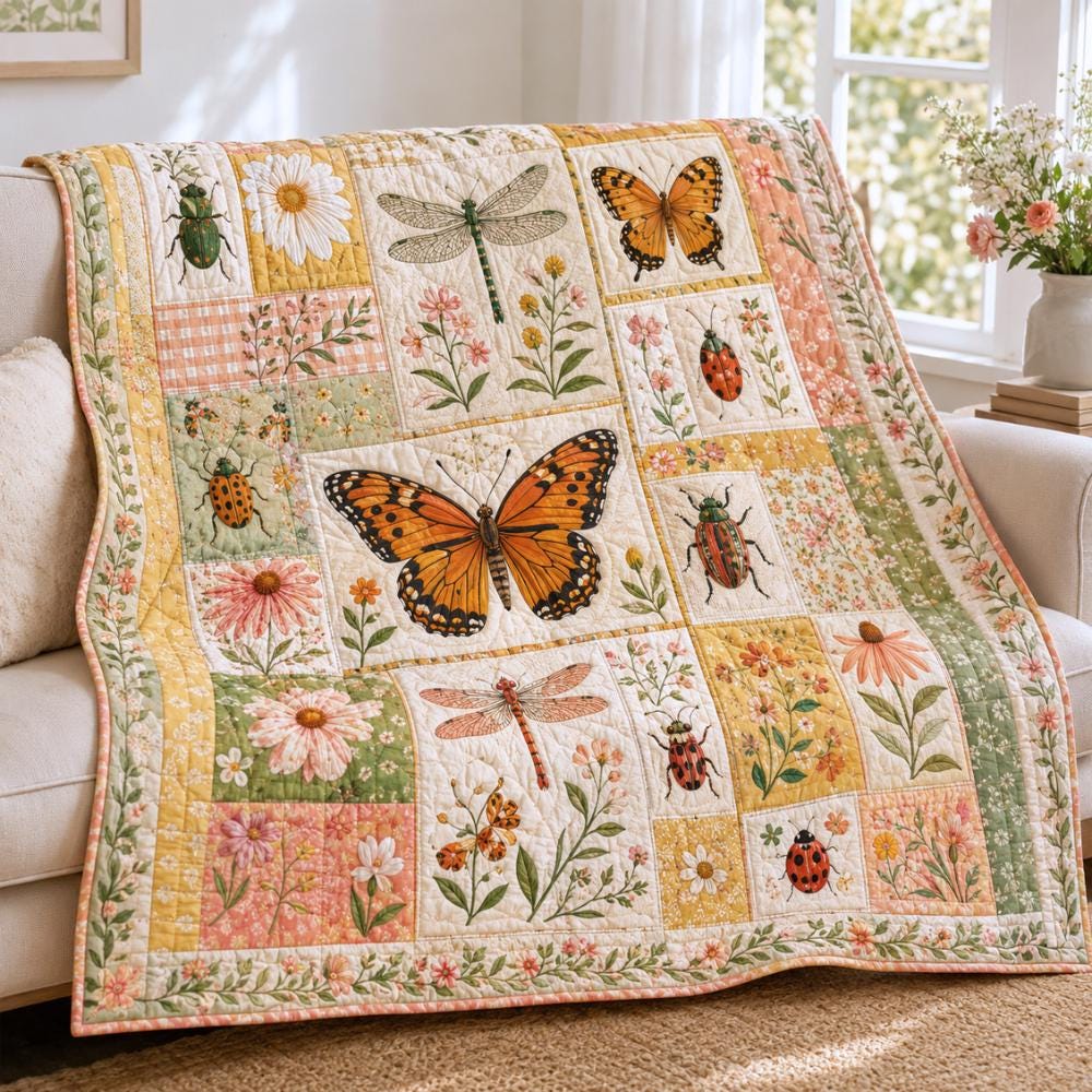 Botanical Insect Butterfly Beetle and Bug Quilted Style Blanket – Boho Patchwork Garden Throw - photo 3