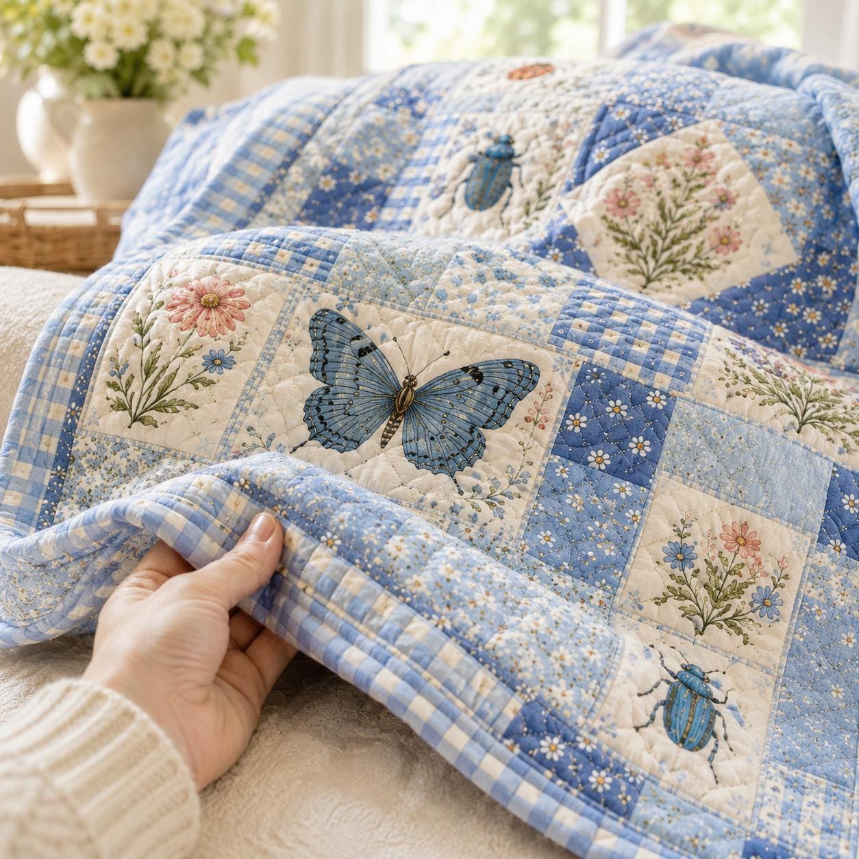 Botanical Insect Butterfly Beetle and Bug Quilted Style Blanket – Boho Patchwork Garden Throw - photo 8