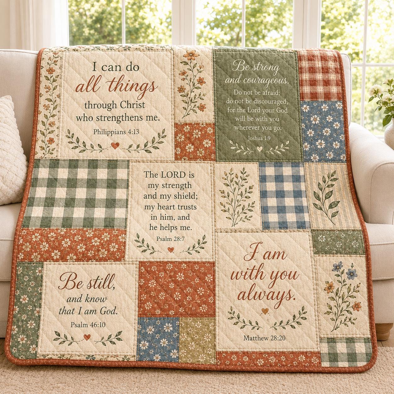 Christian Jesus Faith Quilted Style Blanket with Floral Patchwork – Bible Verse Scripture Throw for Home Decor Gifts