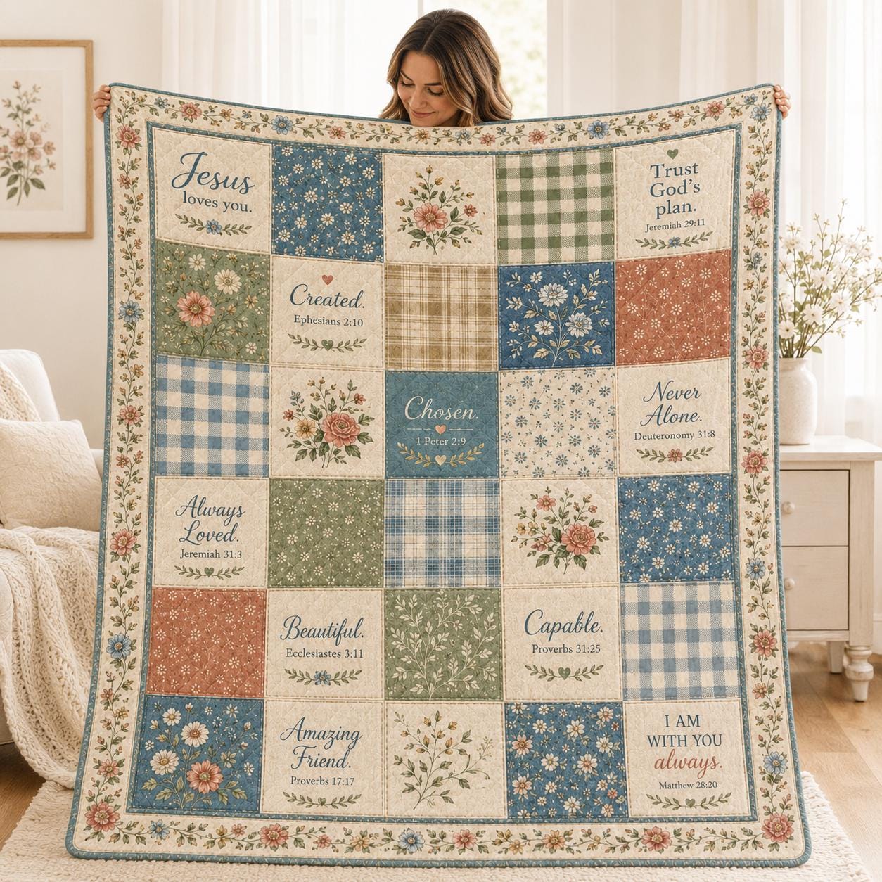 Christian Jesus Faith Quilted Style Blanket with Floral Patchwork – Bible Verse Scripture Throw for Home Decor Gifts - photo 2