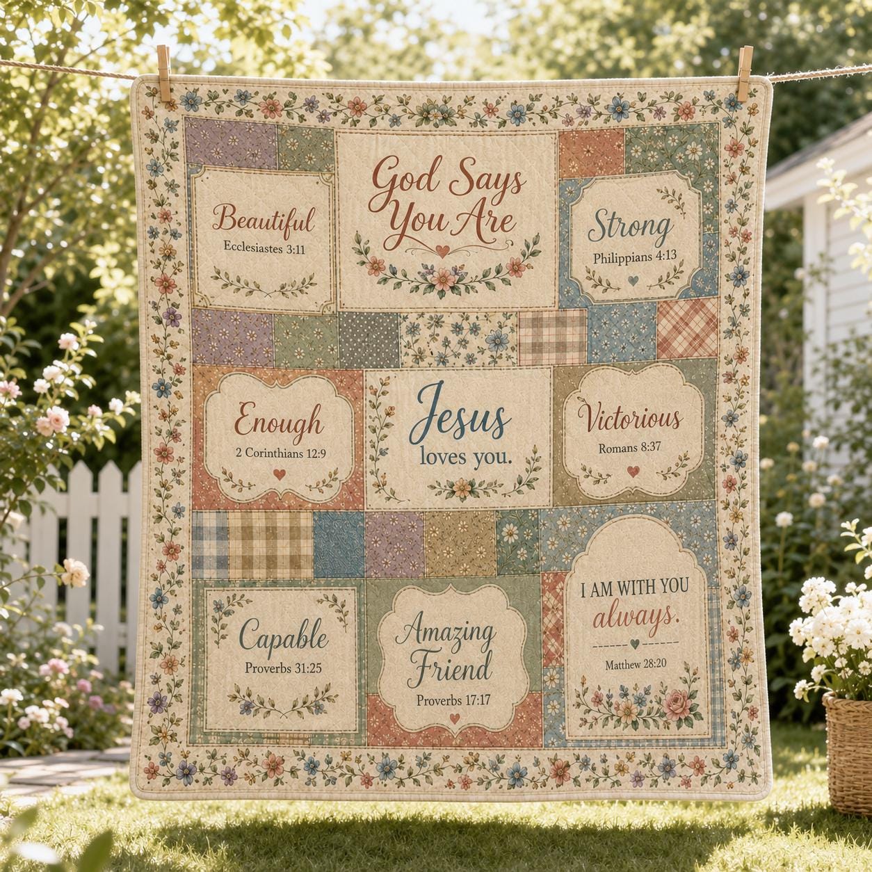 Christian Jesus Faith Quilted Style Blanket with Floral Patchwork – Bible Verse Scripture Throw for Home Decor Gifts - photo 4
