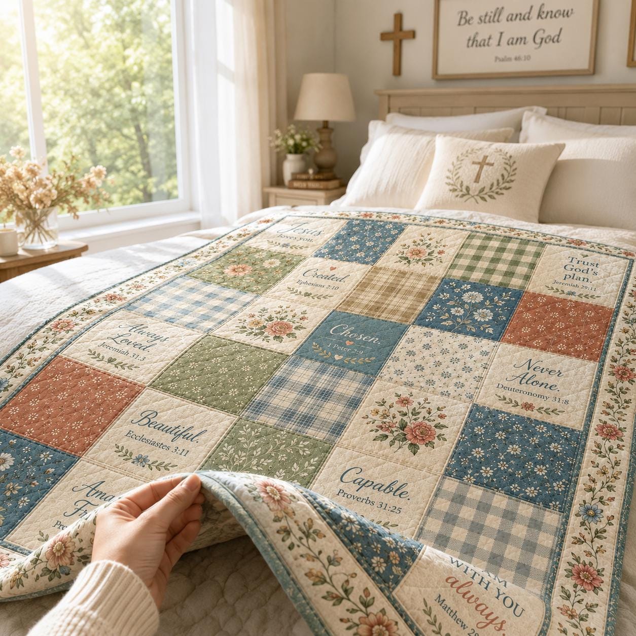 Christian Jesus Faith Quilted Style Blanket with Floral Patchwork – Bible Verse Scripture Throw for Home Decor Gifts - photo 8