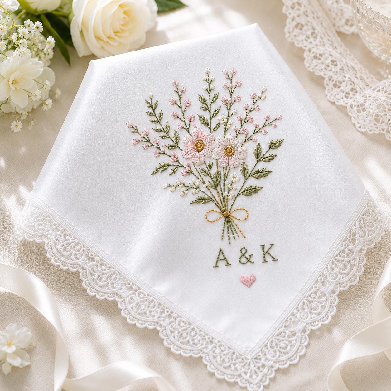 Personalized Custom Embroidered Wedding Flower Handkerchief – Floral Bridal Hanky Keepsake Gift for Bride