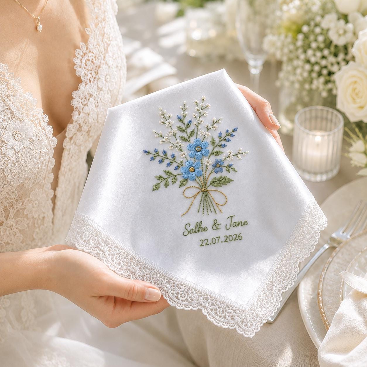 Personalized Custom Embroidered Wedding Flower Handkerchief – Floral Bridal Hanky Keepsake Gift for Bride - photo 3