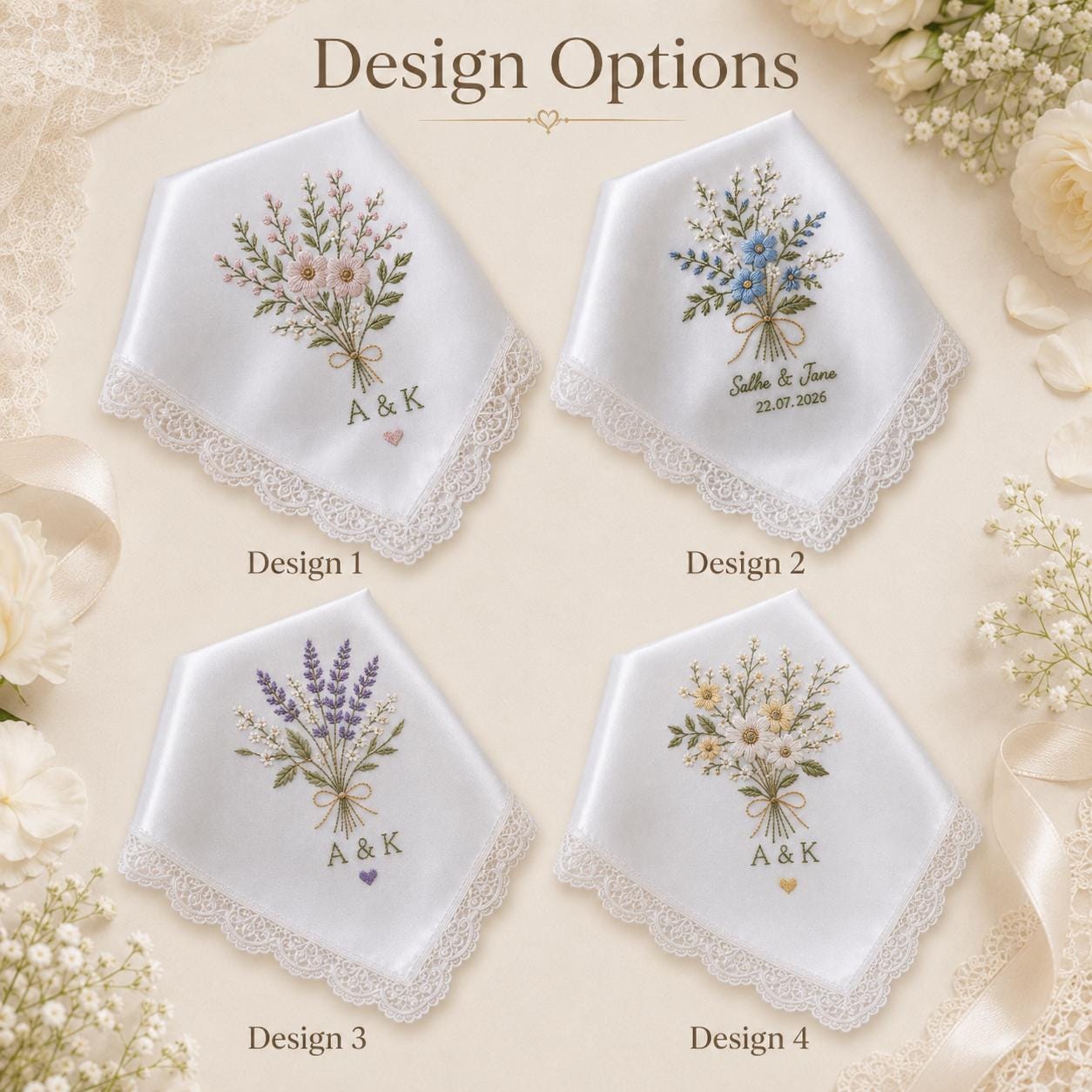 Personalized Custom Embroidered Wedding Flower Handkerchief – Floral Bridal Hanky Keepsake Gift for Bride - photo 4
