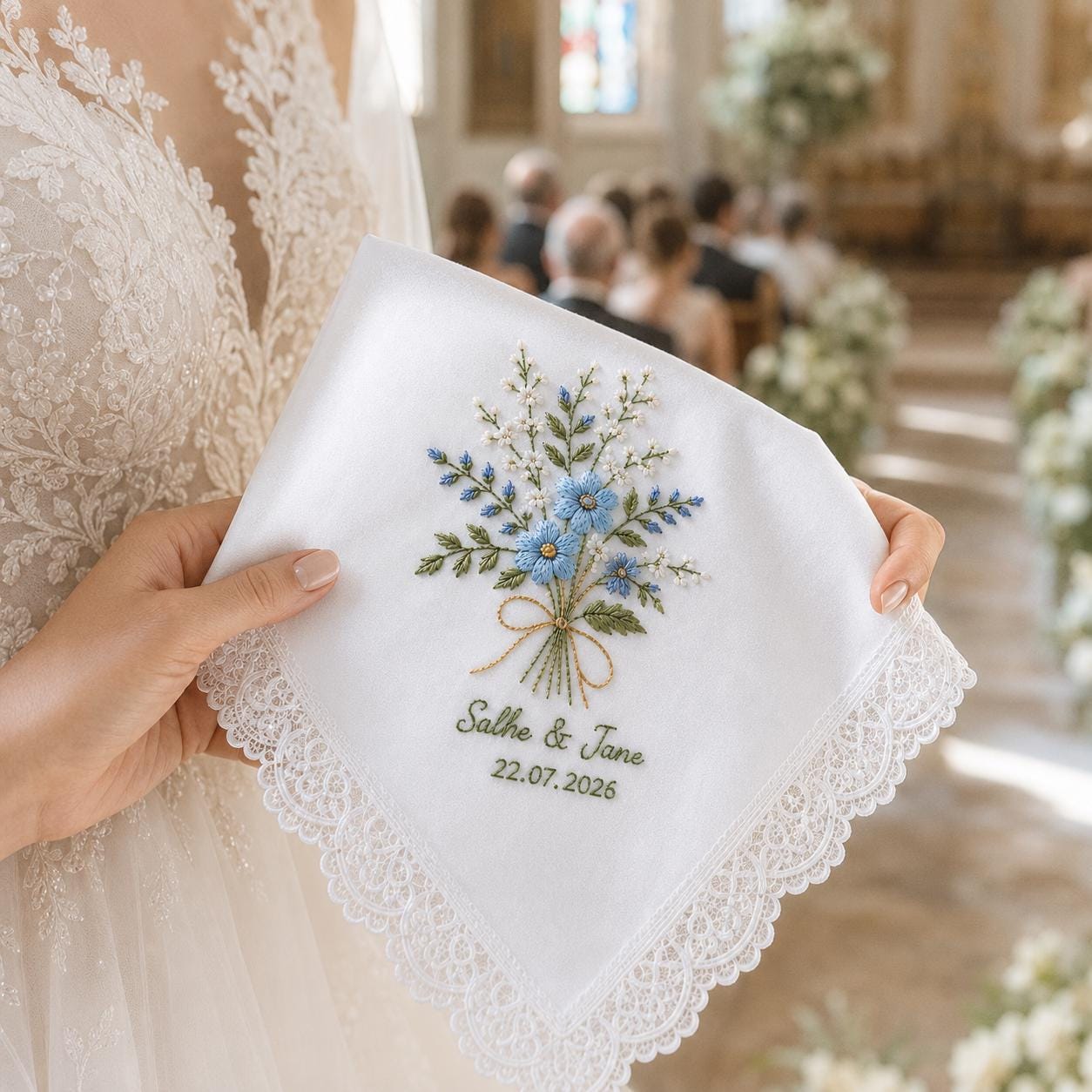 Personalized Custom Embroidered Wedding Flower Handkerchief – Floral Bridal Hanky Keepsake Gift for Bride - photo 5