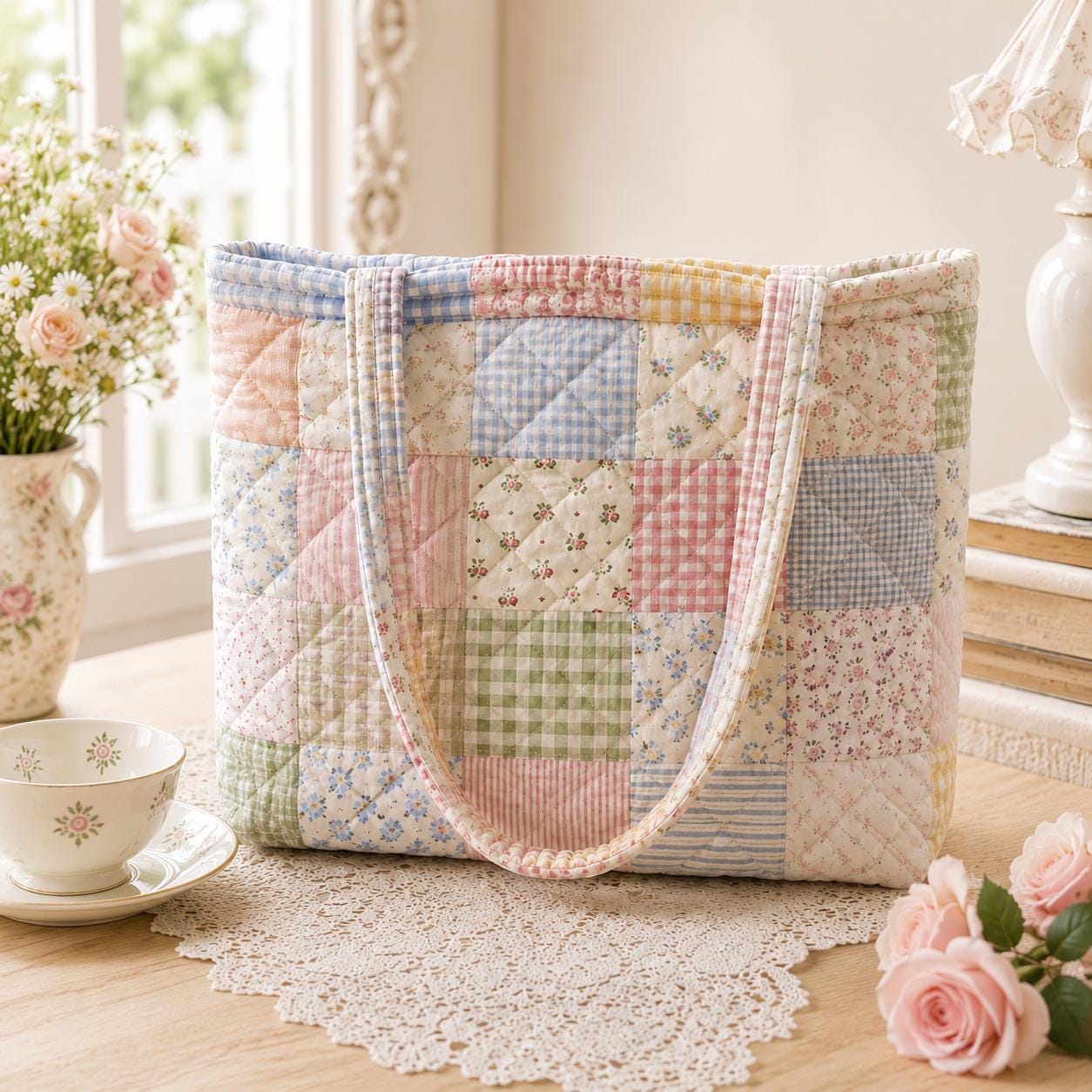 Personalized Floral Gingham Patchwork Quilted Style Tote Bag – Cottagecore Shoulder Bag Purse and Bridesmaid Gift for Her