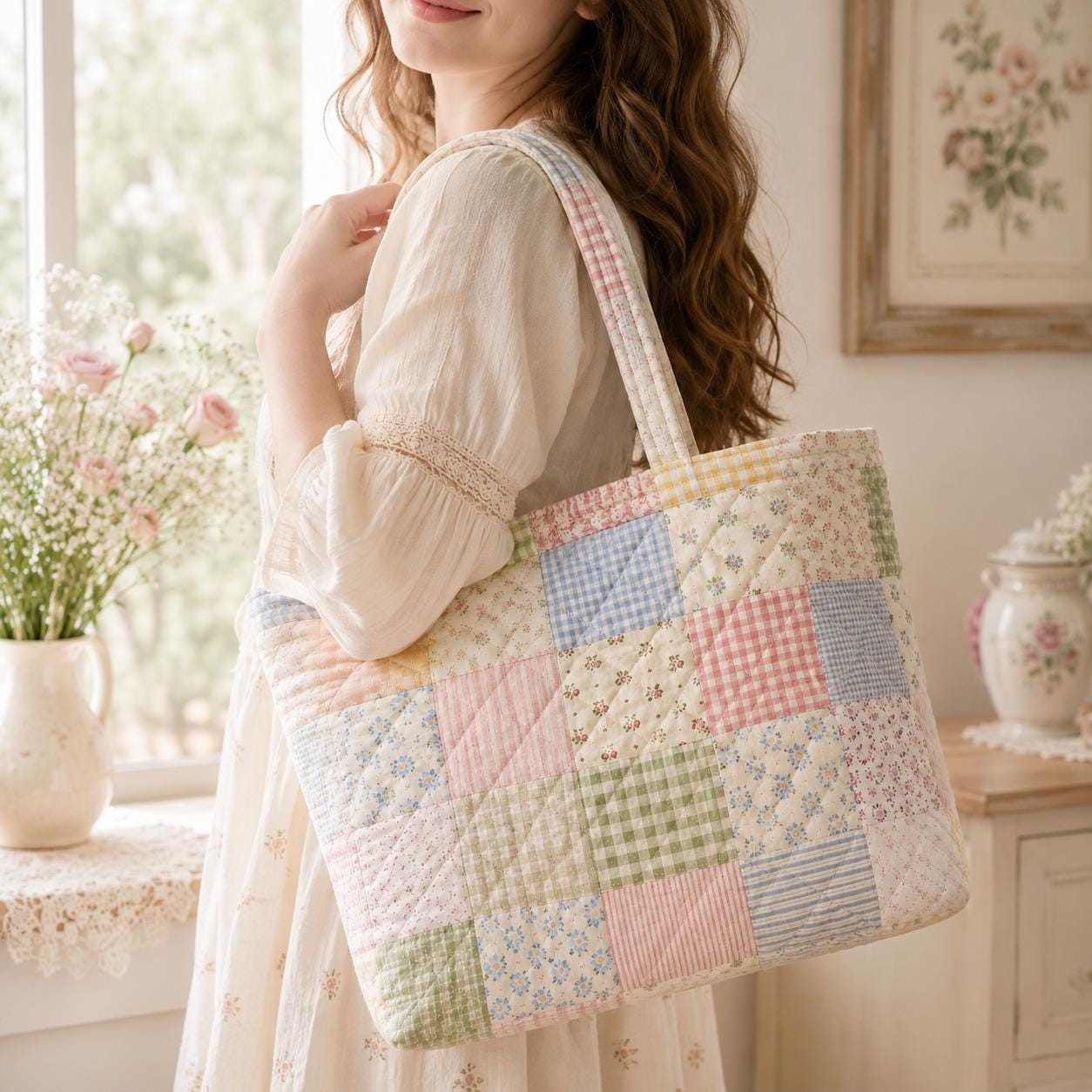 Personalized Floral Gingham Patchwork Quilted Style Tote Bag – Cottagecore Shoulder Bag Purse and Bridesmaid Gift for Her - photo 2
