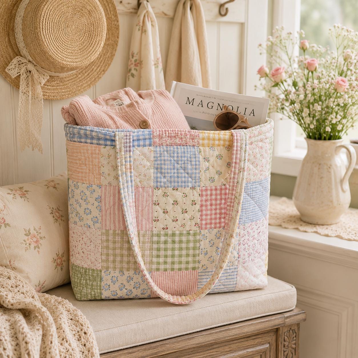 Personalized Floral Gingham Patchwork Quilted Style Tote Bag – Cottagecore Shoulder Bag Purse and Bridesmaid Gift for Her - photo 3