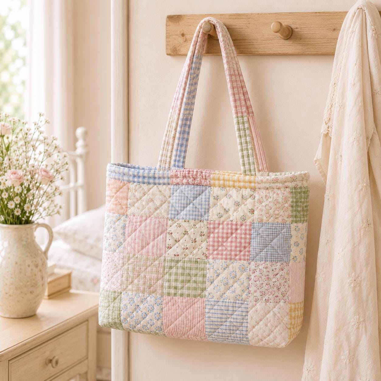 Personalized Floral Gingham Patchwork Quilted Style Tote Bag – Cottagecore Shoulder Bag Purse and Bridesmaid Gift for Her - photo 4