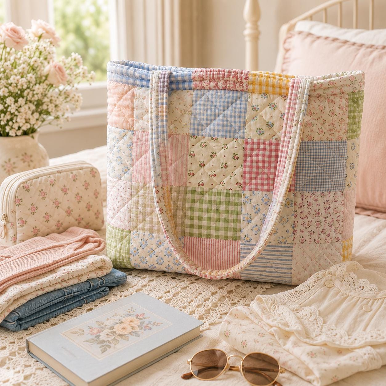 Personalized Floral Gingham Patchwork Quilted Style Tote Bag – Cottagecore Shoulder Bag Purse and Bridesmaid Gift for Her - photo 6