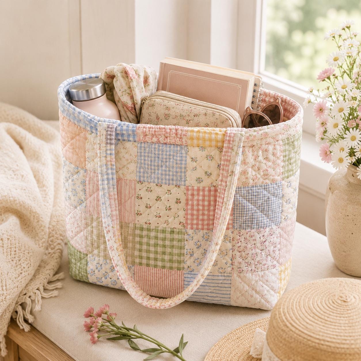 Personalized Floral Gingham Patchwork Quilted Style Tote Bag – Cottagecore Shoulder Bag Purse and Bridesmaid Gift for Her - photo 7