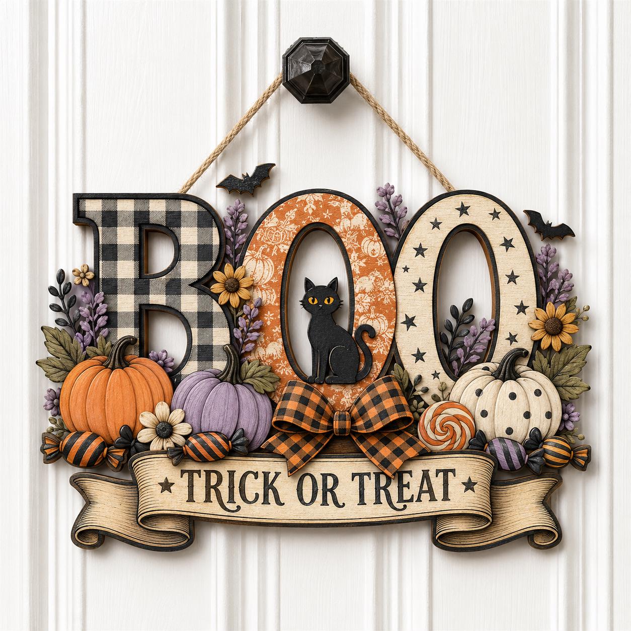Layered Wooden Sign and Wood Door Hanger for Front Door – Spooky Season Halloween Decor and Autumn Farmhouse Porch Decoration