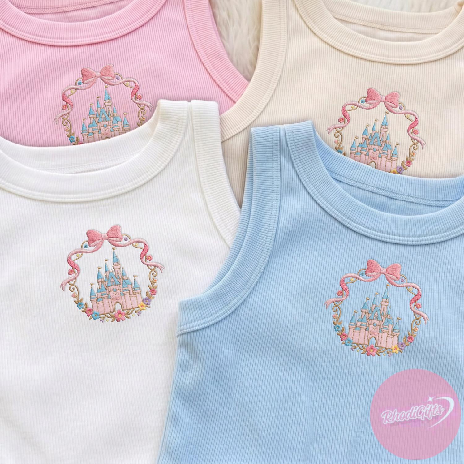Embroidered Disney Castle Baby Tee Crop Tank with Coquette Style – Magic Kingdom WDW Disneyland Girl Trip Lace Trim Tank Top Outfit