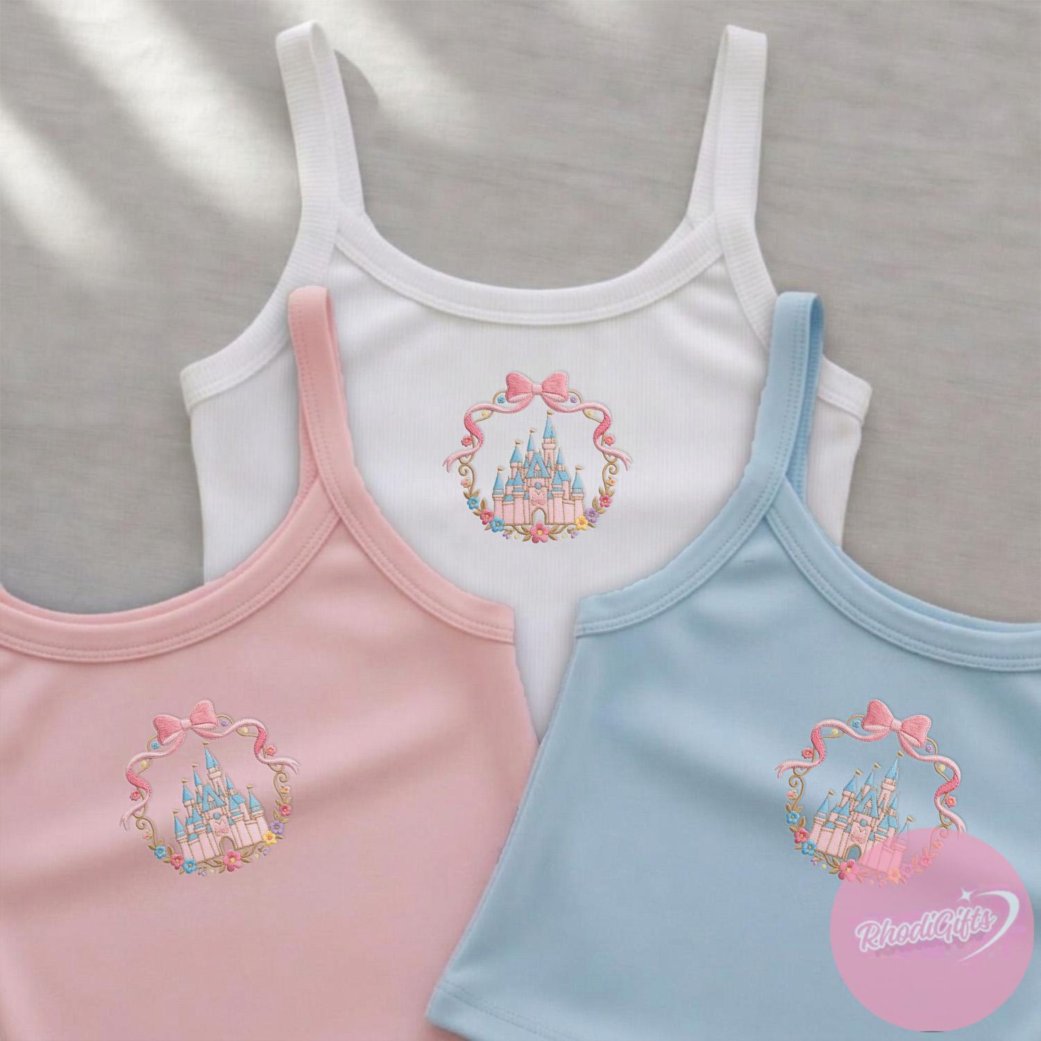 Embroidered Disney Castle Baby Tee Crop Tank with Coquette Style – Magic Kingdom WDW Disneyland Girl Trip Lace Trim Tank Top Outfit - photo 3