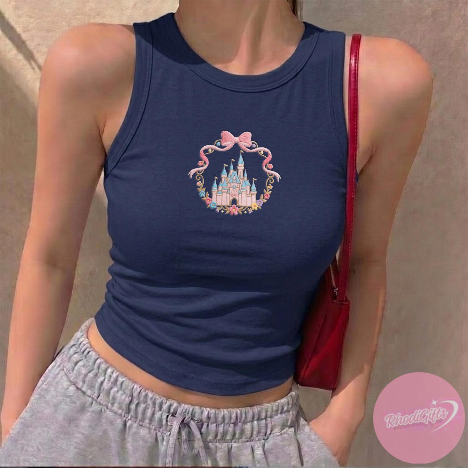 Embroidered Disney Castle Baby Tee Crop Tank with Coquette Style – Magic Kingdom WDW Disneyland Girl Trip Lace Trim Tank Top Outfit - photo 6