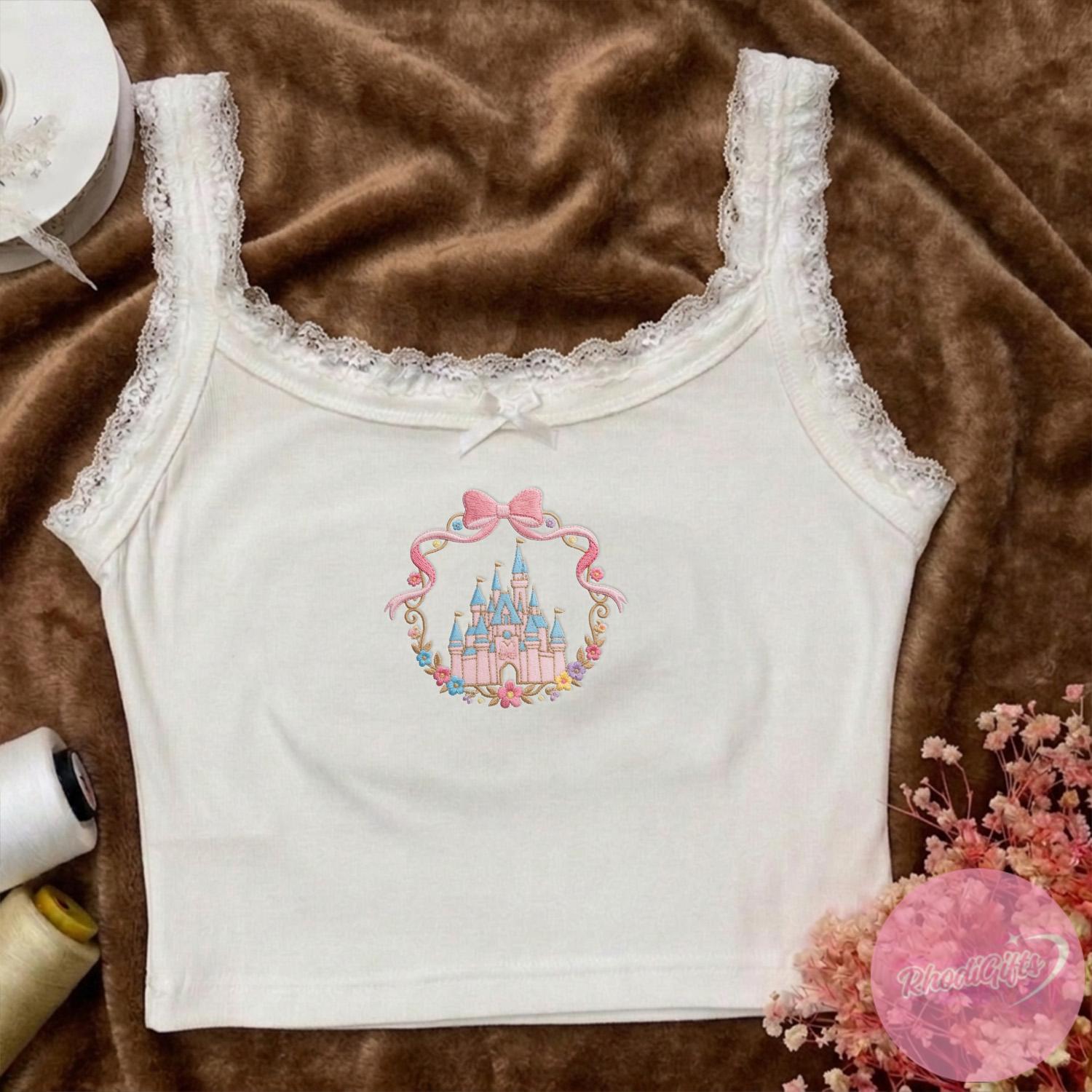 Embroidered Disney Castle Baby Tee Crop Tank with Coquette Style – Magic Kingdom WDW Disneyland Girl Trip Lace Trim Tank Top Outfit - photo 8