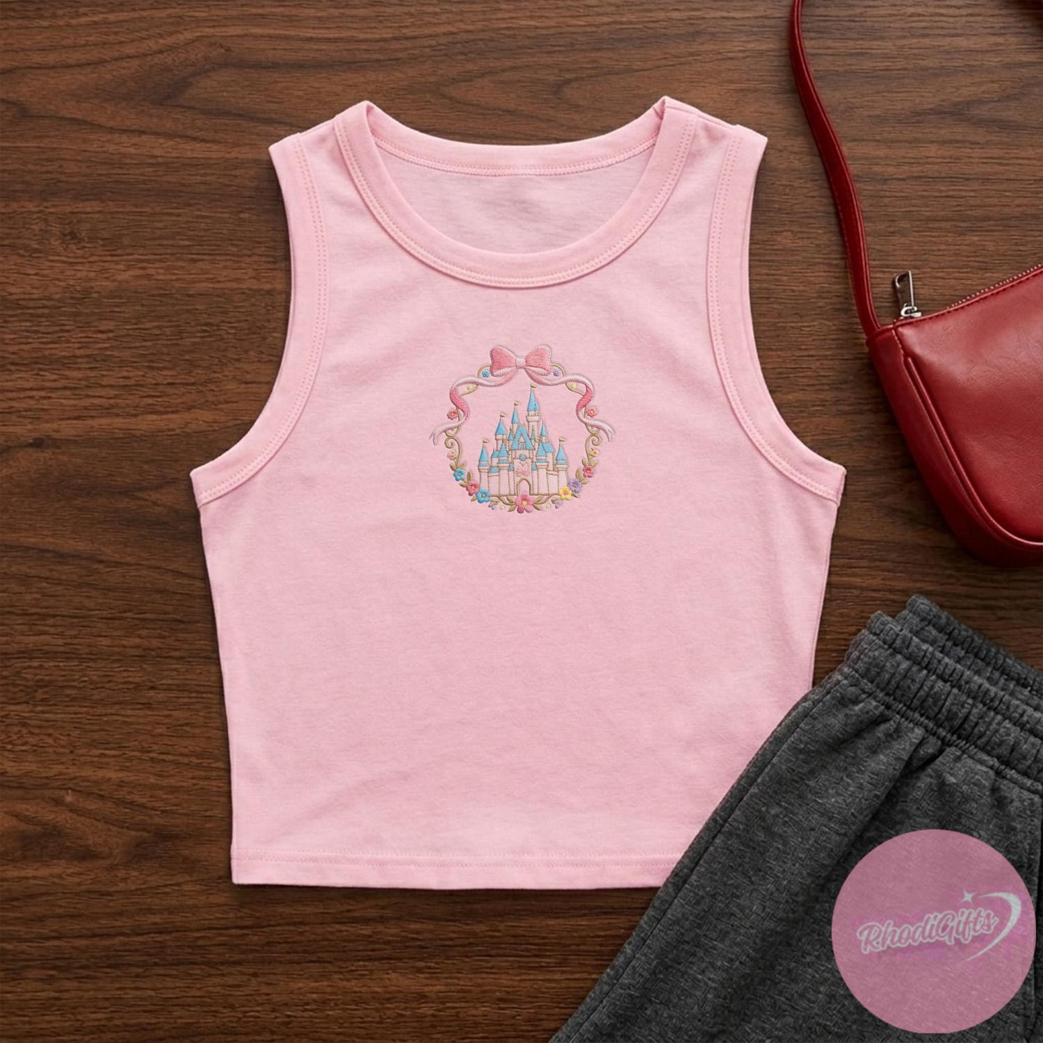 Embroidered Disney Castle Baby Tee Crop Tank with Coquette Style – Magic Kingdom WDW Disneyland Girl Trip Lace Trim Tank Top Outfit - photo 18