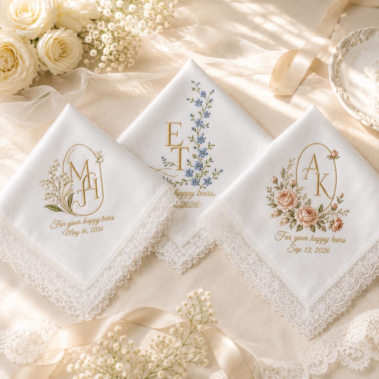 Personalized Custom Monogram Initials Embroidered Lace Wedding Handkerchief β Bridal Hankie for Your Happy Tears