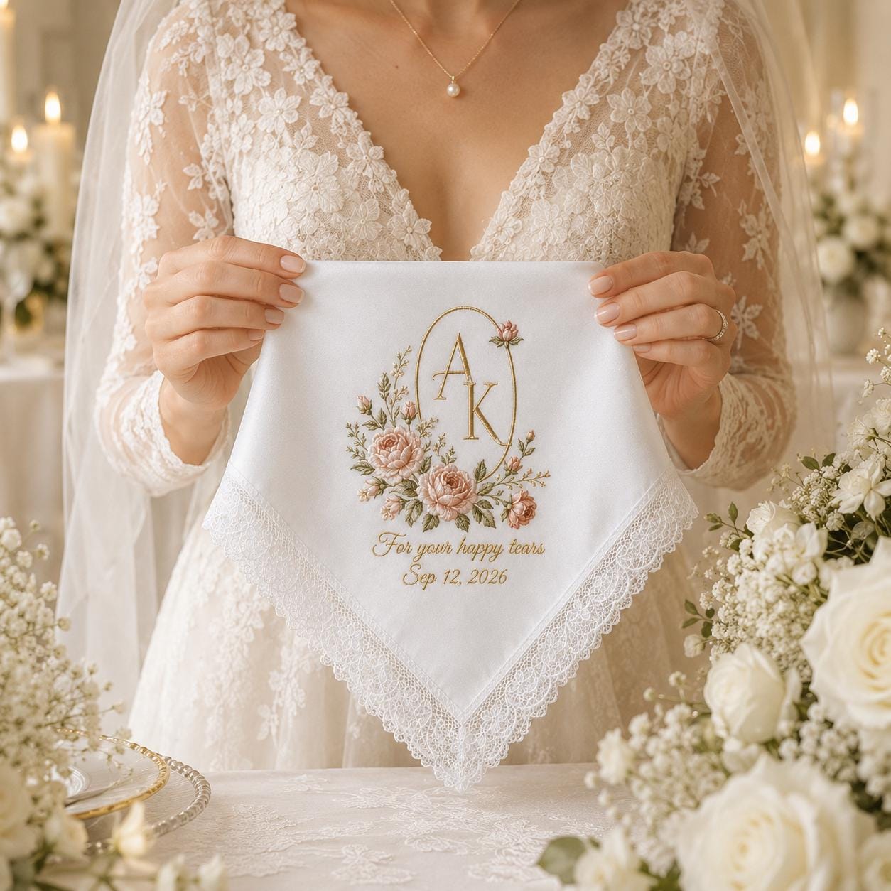 Personalized Custom Monogram Initials Embroidered Lace Wedding Handkerchief – Bridal Hankie for Your Happy Tears - photo 2