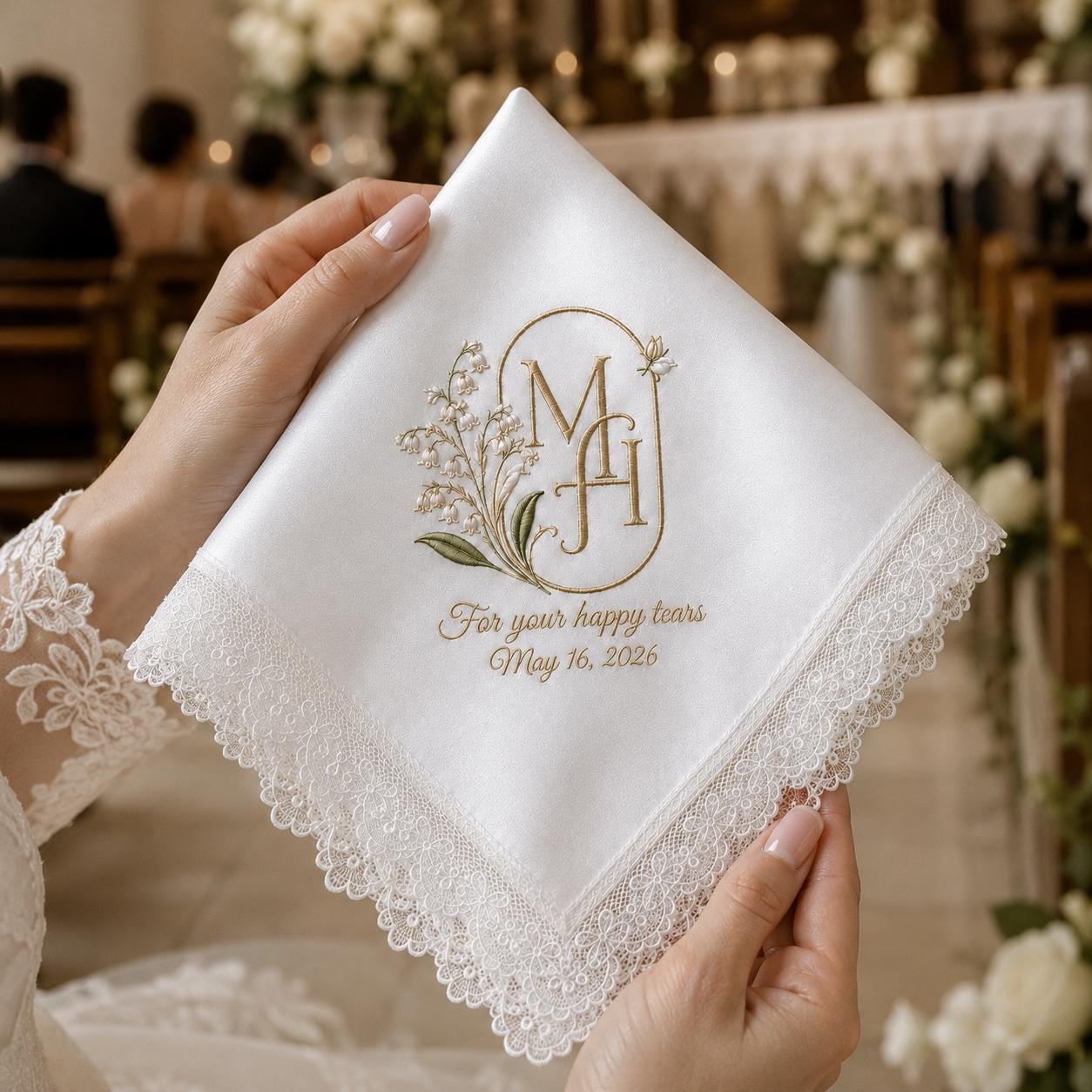 Personalized Custom Monogram Initials Embroidered Lace Wedding Handkerchief – Bridal Hankie for Your Happy Tears - photo 3