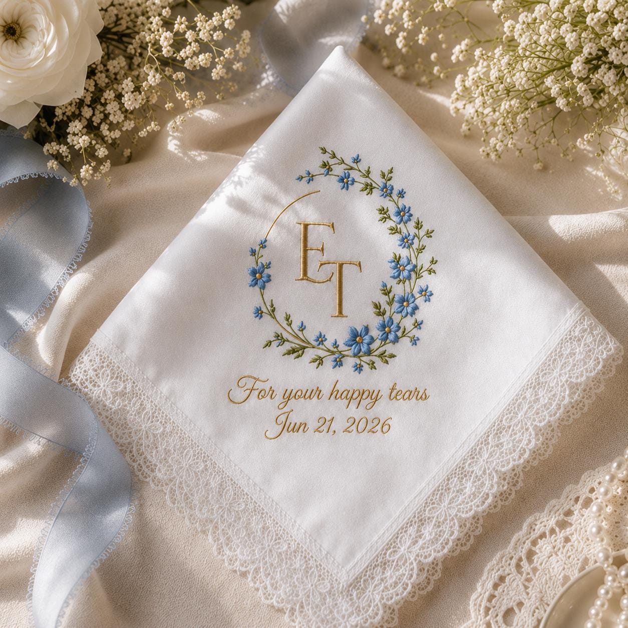 Personalized Custom Monogram Initials Embroidered Lace Wedding Handkerchief – Bridal Hankie for Your Happy Tears - photo 8
