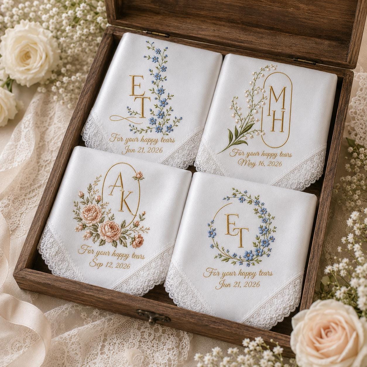 Personalized Custom Monogram Initials Embroidered Lace Wedding Handkerchief – Bridal Hankie for Your Happy Tears - photo 9