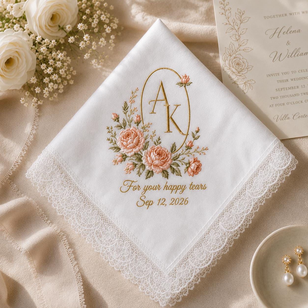Personalized Custom Monogram Initials Embroidered Lace Wedding Handkerchief – Bridal Hankie for Your Happy Tears - photo 10