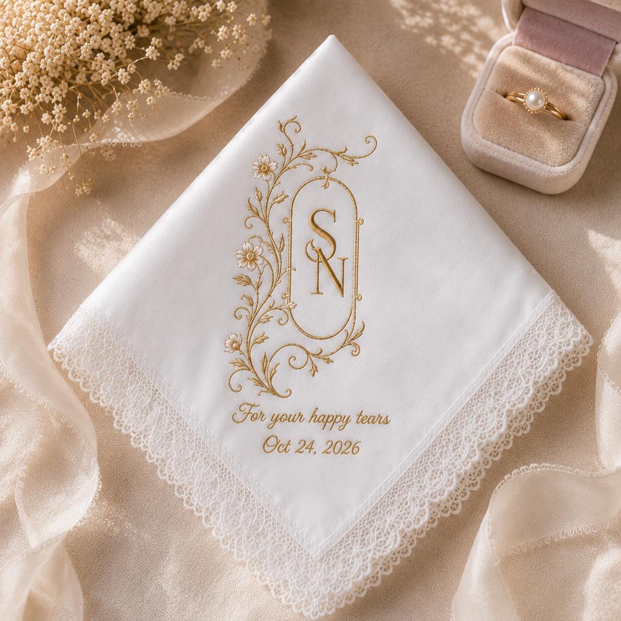 Personalized Custom Monogram Initials Embroidered Lace Wedding Handkerchief – Bridal Hankie for Your Happy Tears - photo 11