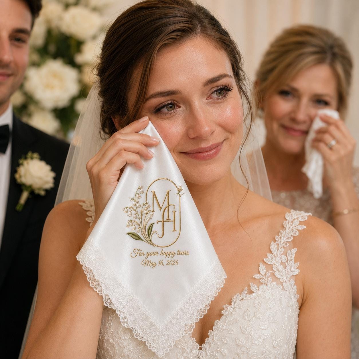 Personalized Custom Monogram Initials Embroidered Lace Wedding Handkerchief – Bridal Hankie for Your Happy Tears - photo 12