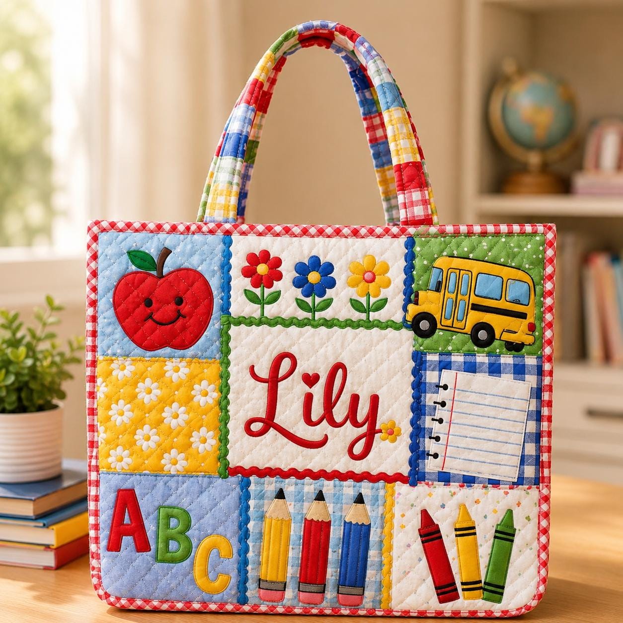 Personalized Back to School ABC Apple Pencil Patchwork Quilted Tote Bag – Custom Name Teacher School Bag Gift for Kids Teacher