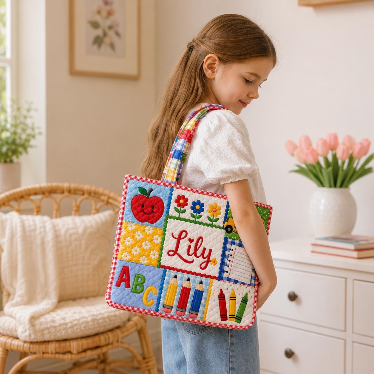 Personalized Back to School ABC Apple Pencil Patchwork Quilted Tote Bag – Custom Name Teacher School Bag Gift for Kids Teacher - photo 2