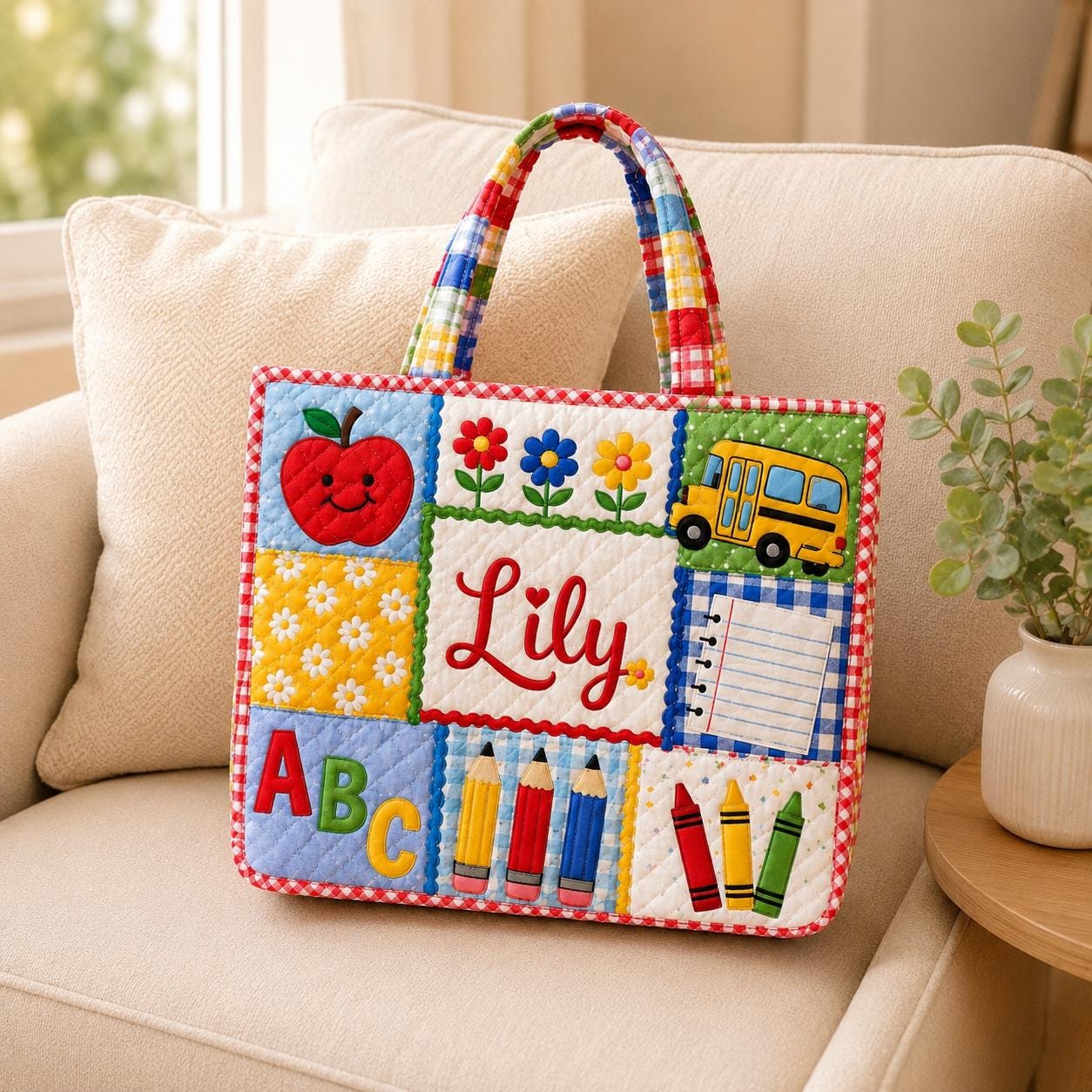 Personalized Back to School ABC Apple Pencil Patchwork Quilted Tote Bag – Custom Name Teacher School Bag Gift for Kids Teacher - photo 3