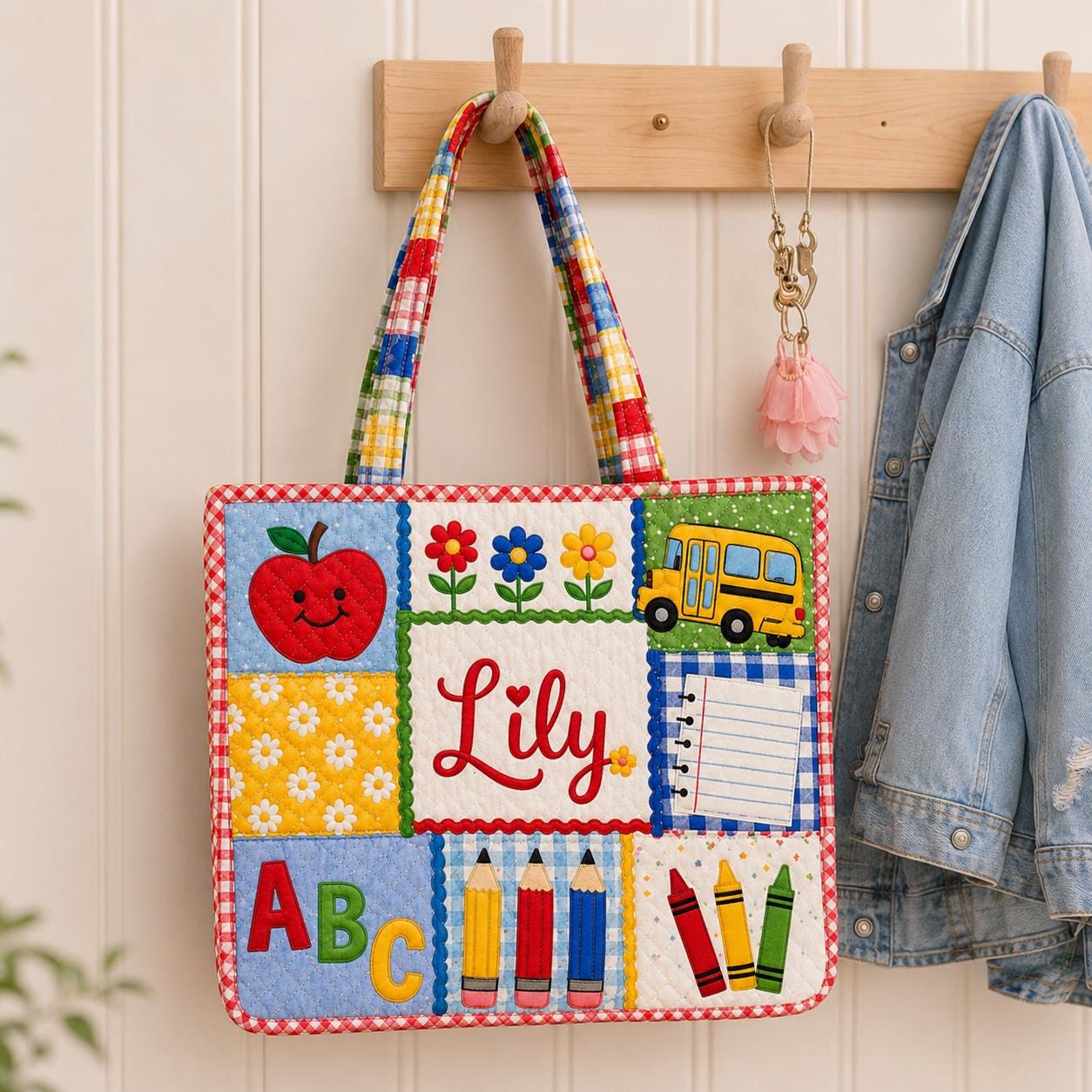 Personalized Back to School ABC Apple Pencil Patchwork Quilted Tote Bag – Custom Name Teacher School Bag Gift for Kids Teacher - photo 6