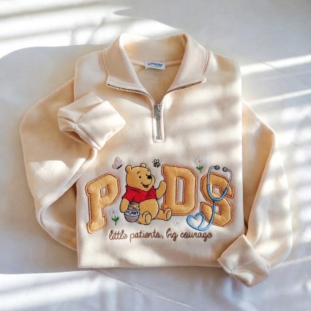 Embroidered Pooh Pediatric Peds Nurse Quarter Zip Sweatshirt – Pooh Nurse Crewneck Shirt and Nursing Student Gift