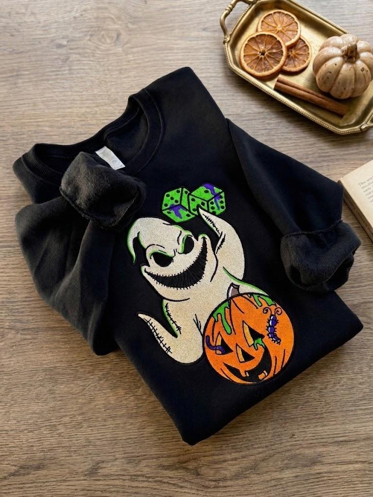 Embroidered Oogie Boogie Halloween Shirt with Nightmare Before Christmas Pumpkin – Spooky Disney Halloween Sweatshirt Hoodie Tee