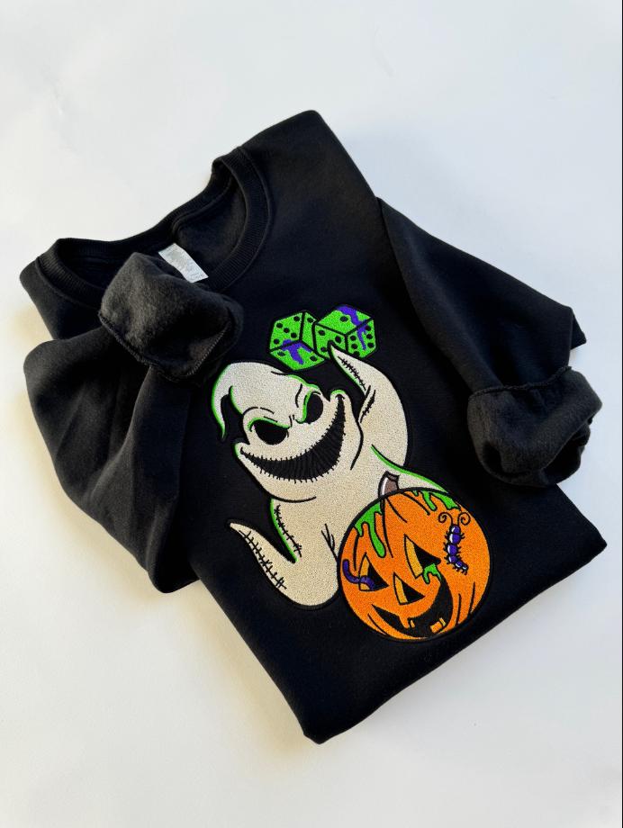 Embroidered Oogie Boogie Halloween Shirt with Nightmare Before Christmas Pumpkin – Spooky Disney Halloween Sweatshirt Hoodie Tee - photo 2