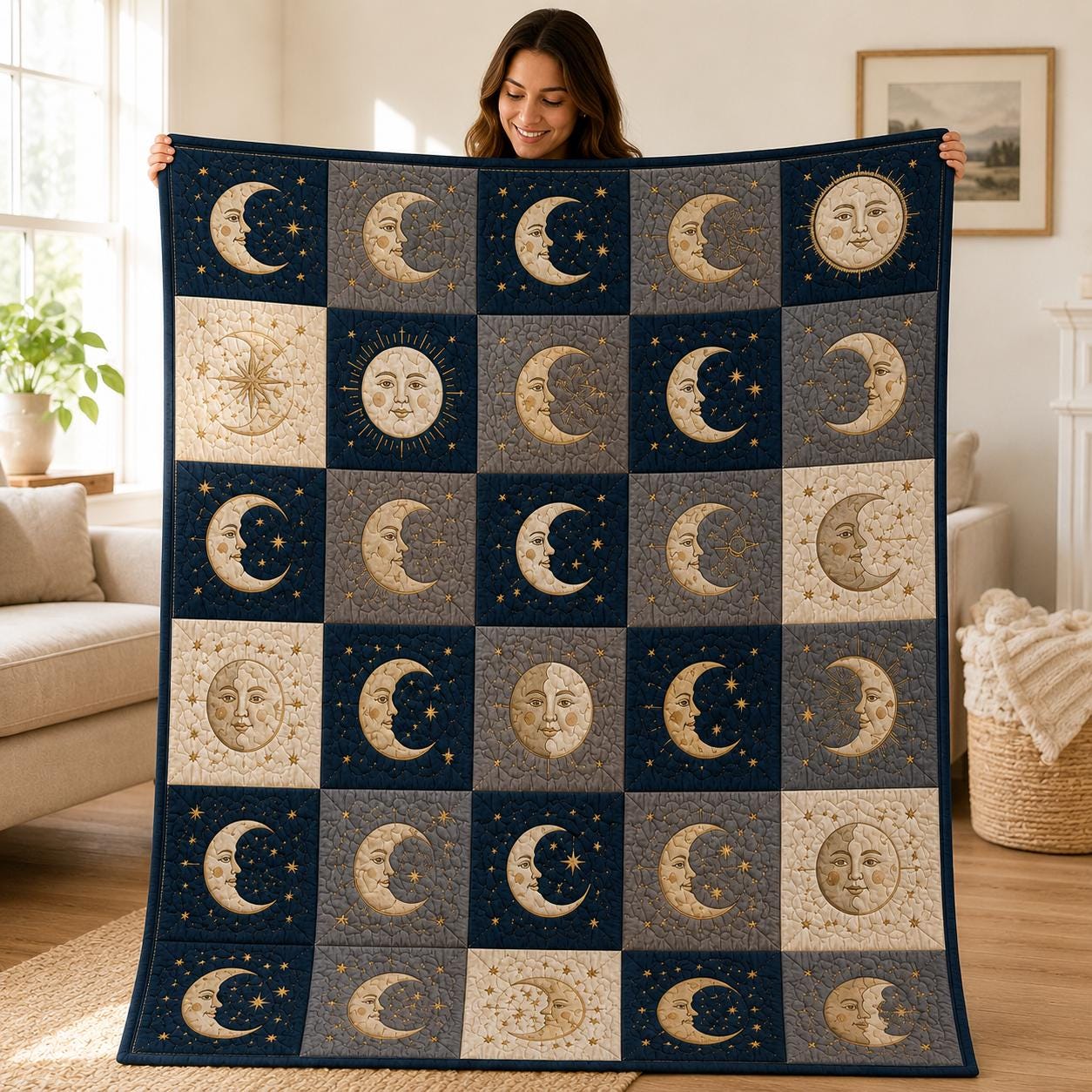 Celestial Astrology Moon and Sun Quilted Style Blanket – Esoteric Dark Academia Patchwork Quilt Bedding