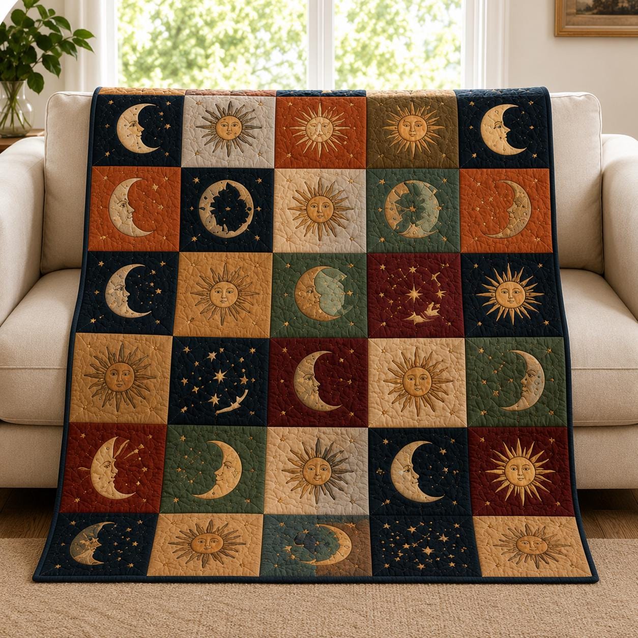 Celestial Astrology Moon and Sun Quilted Style Blanket – Esoteric Dark Academia Patchwork Quilt Bedding - photo 2