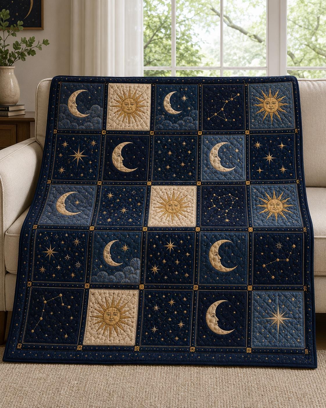 Celestial Astrology Moon and Sun Quilted Style Blanket – Esoteric Dark Academia Patchwork Quilt Bedding - photo 3
