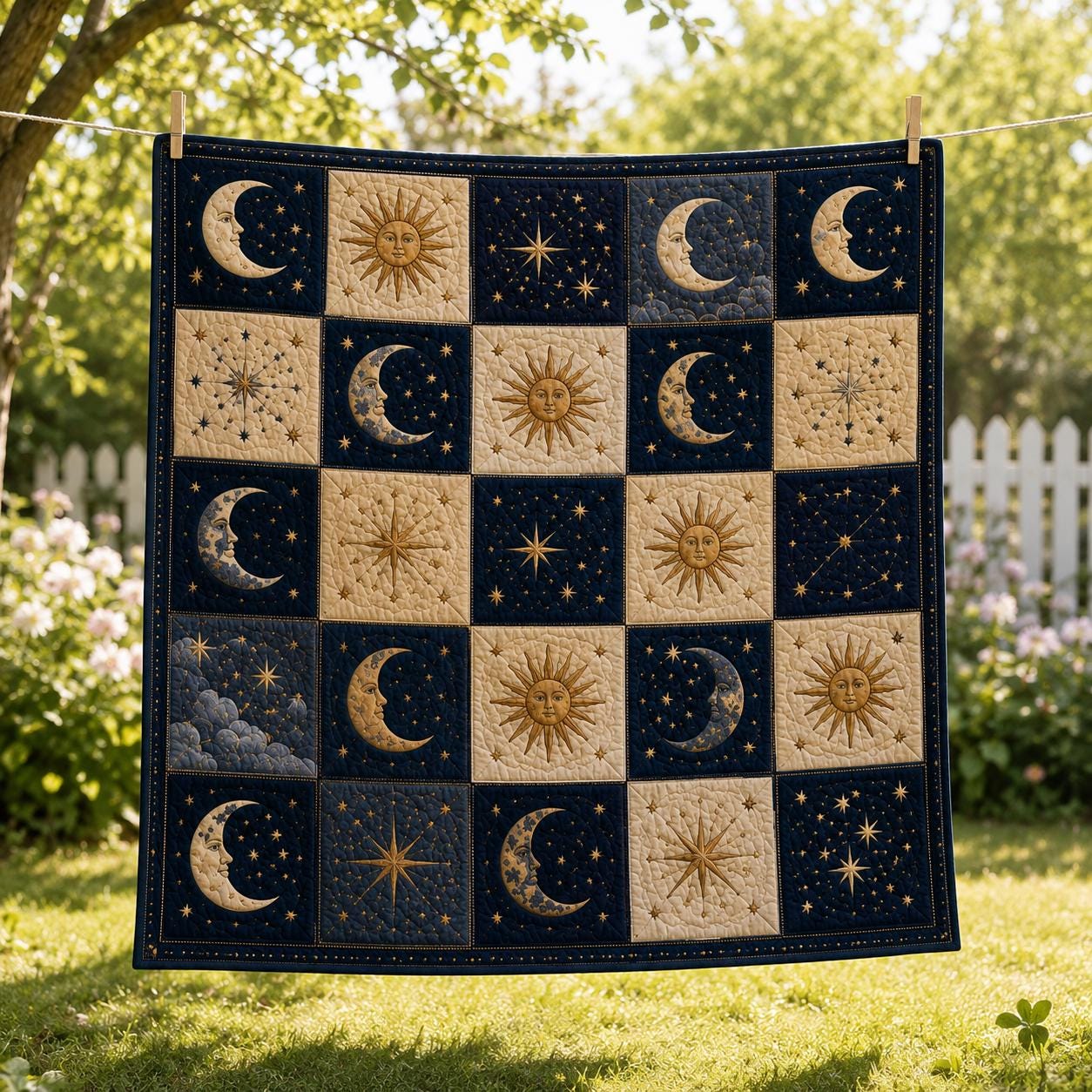 Celestial Astrology Moon and Sun Quilted Style Blanket – Esoteric Dark Academia Patchwork Quilt Bedding - photo 6