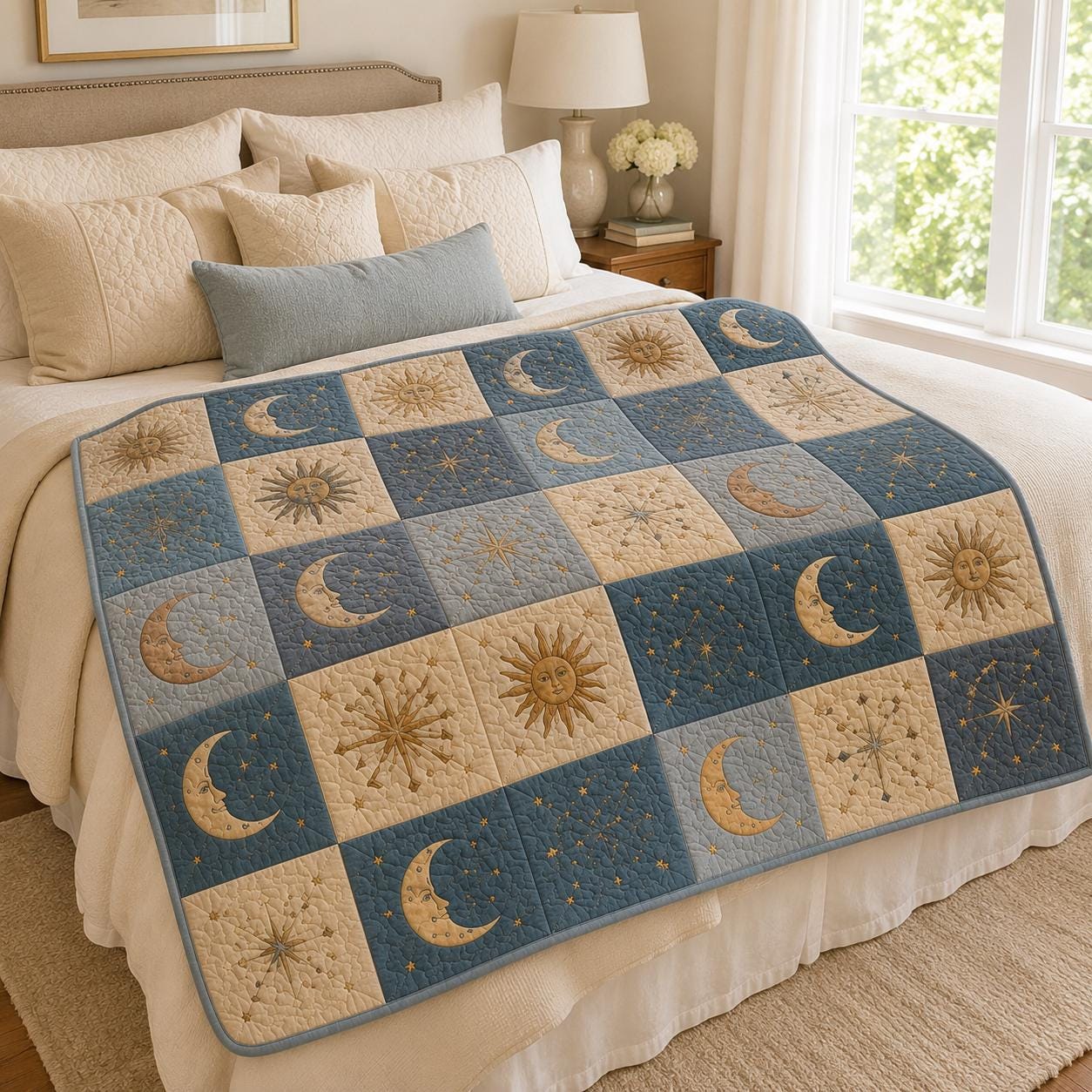 Celestial Astrology Moon and Sun Quilted Style Blanket – Esoteric Dark Academia Patchwork Quilt Bedding - photo 7