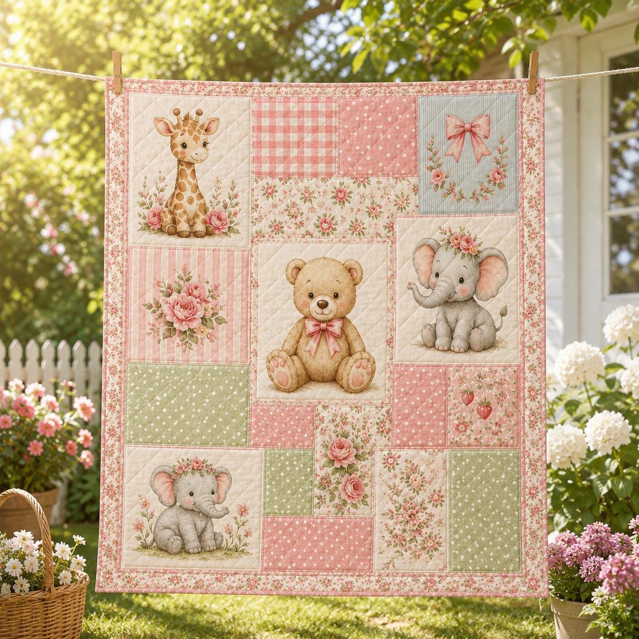 Pink Teddy Bear Quilted Style Blankets with Pink Rose Quilt and Romantic Floral Patchwork Blanket for Cottage Bedroom Decor