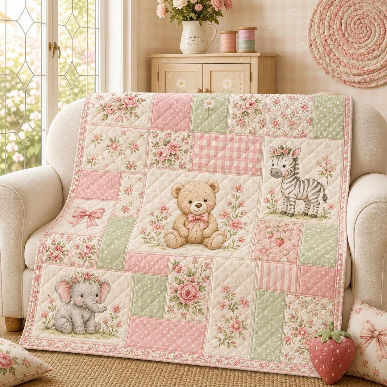 Pink Teddy Bear Quilted Style Blankets with Pink Rose Quilt and Romantic Floral Patchwork Blanket for Cottage Bedroom Decor - photo 2