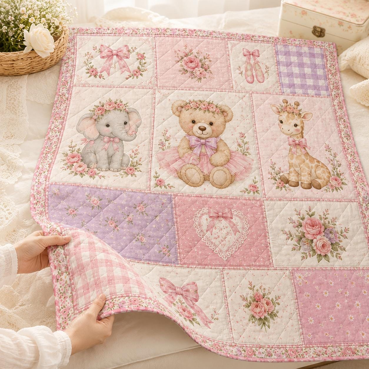 Pink Teddy Bear Quilted Style Blankets with Pink Rose Quilt and Romantic Floral Patchwork Blanket for Cottage Bedroom Decor - photo 3