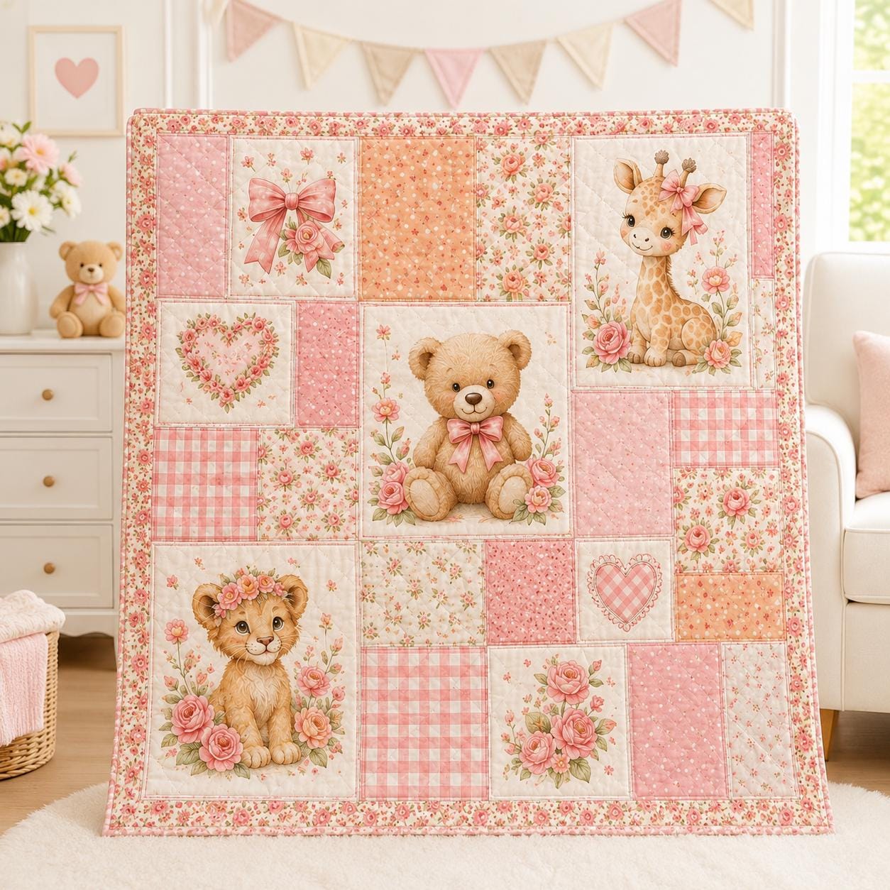 Pink Teddy Bear Quilted Style Blankets with Pink Rose Quilt and Romantic Floral Patchwork Blanket for Cottage Bedroom Decor - photo 6