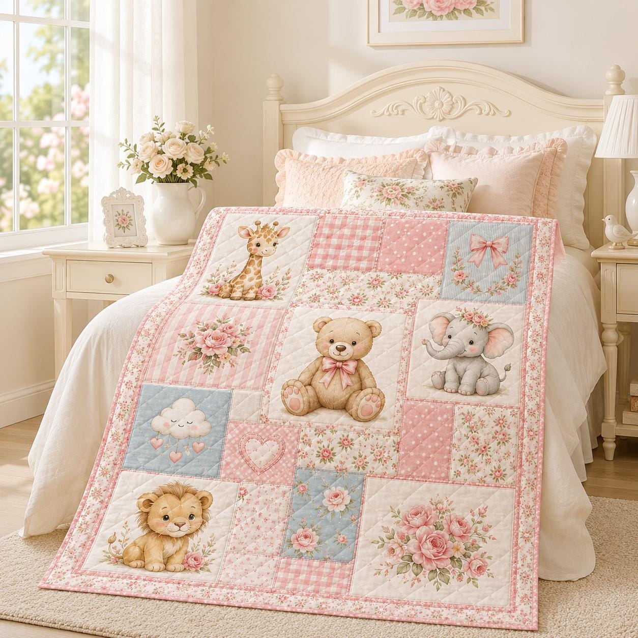 Pink Teddy Bear Quilted Style Blankets with Pink Rose Quilt and Romantic Floral Patchwork Blanket for Cottage Bedroom Decor - photo 7