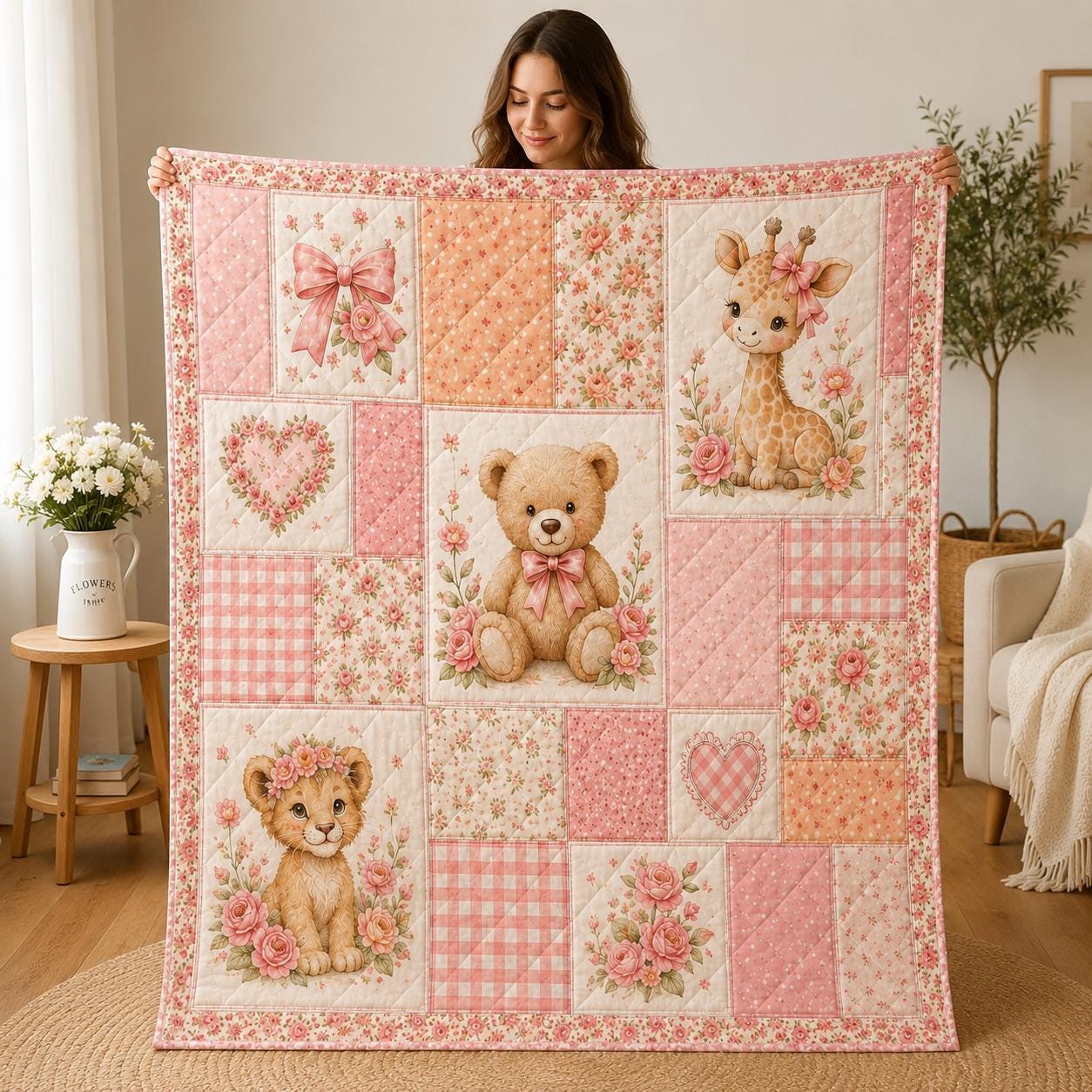 Pink Teddy Bear Quilted Style Blankets with Pink Rose Quilt and Romantic Floral Patchwork Blanket for Cottage Bedroom Decor - photo 8