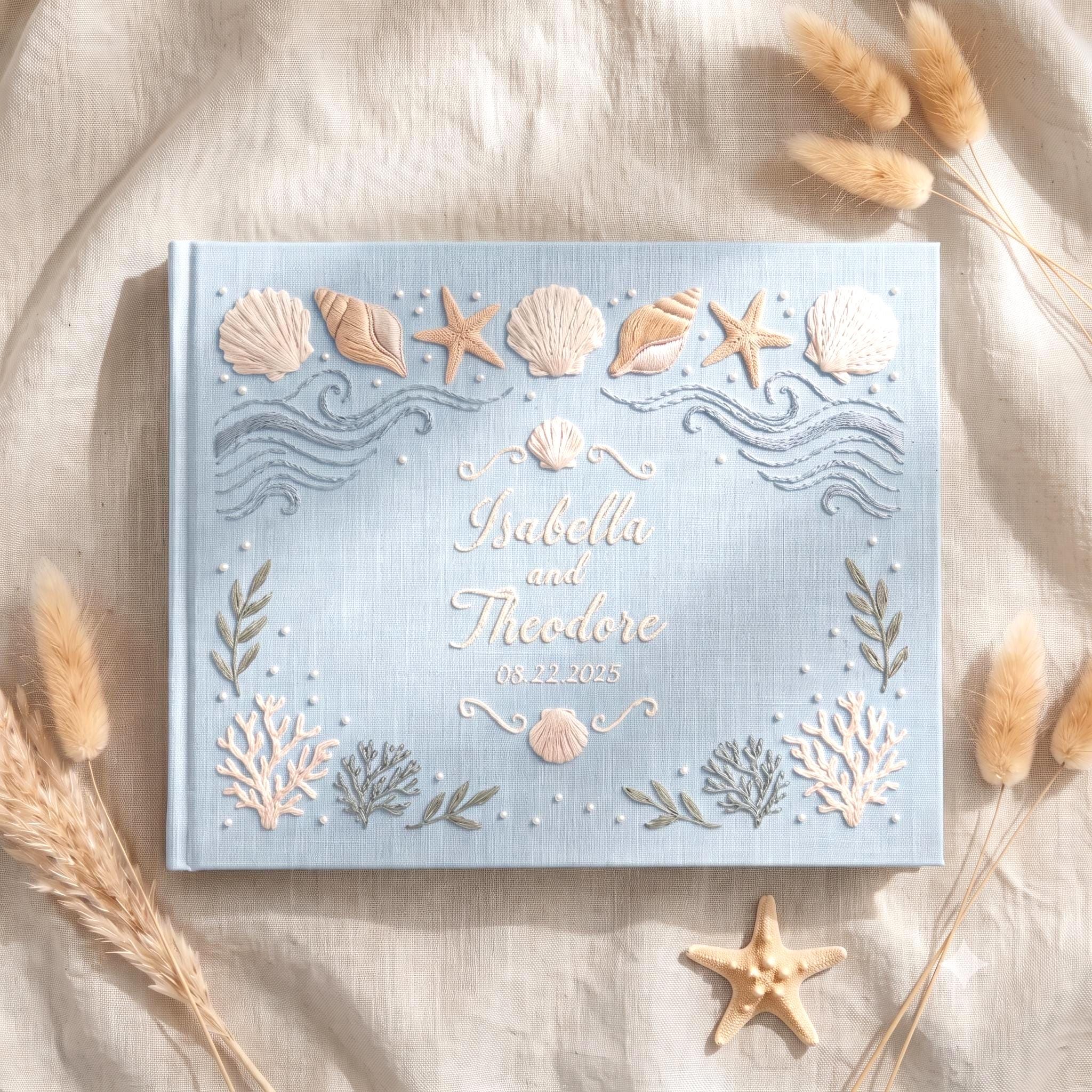 Handmade Embroidered Beach Wedding Guest Book and Personalized Linen Sea Theme Guestbook Album with Coastal Polaroid Photo Keepsake Reception Gift